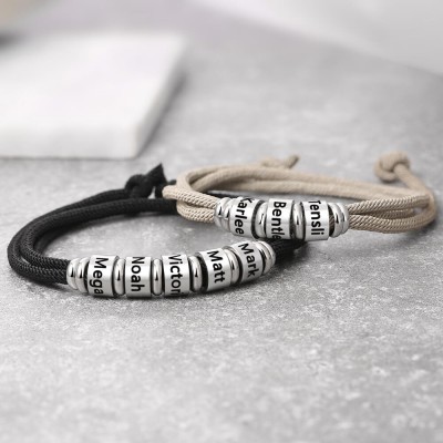 Mens Personalised Engraved Name Beads Bracelet With 1-10 Beads