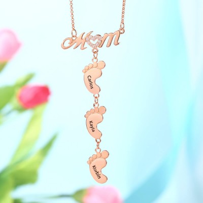 Personalised MoM Heart Engraved Name Necklaces With 1-10 Baby Feet Charms