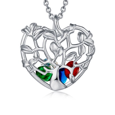 Heart Shape Family Tree Caged Pendant Necklace with 1-8 Birthstones