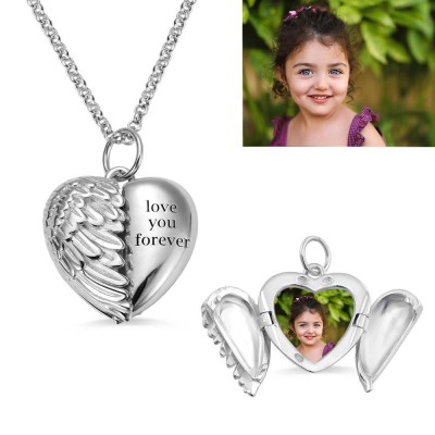 Personalised Angel Wings Heart Engraving Photo Necklace
