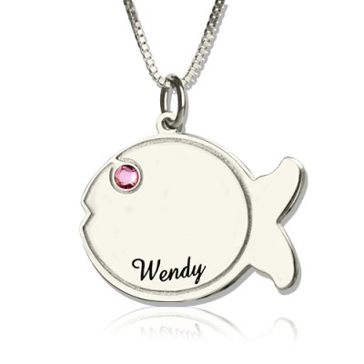 Fish Birthstone Necklace Engraved Name