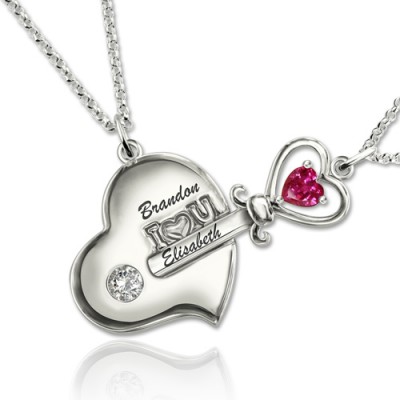 S925 Silver Couple's Key To My Heart Birthstone Necklace