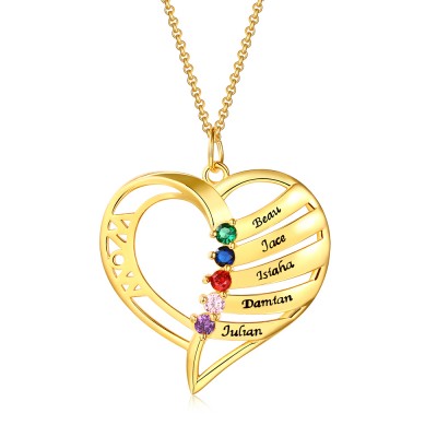 Personalised Heart Love Shape 1-6 Engraved Names and Birthstones Necklaces