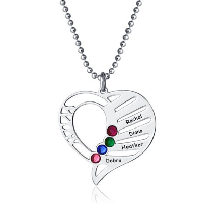 Personalised Heart Love Shape Engraved Name Necklaces with 1-6 Birthstones