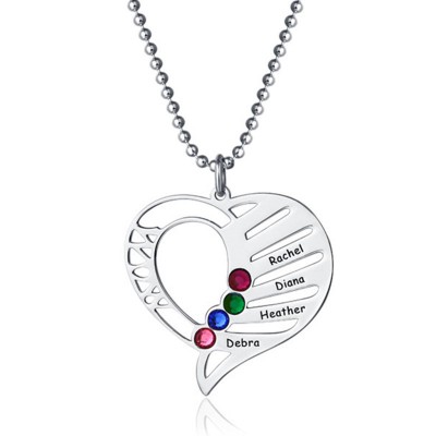 Personalized Heart Love Shape Engraved Name Necklaces with 1-6 Birthstones