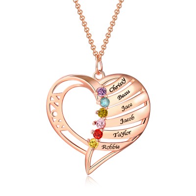 Personalised Heart Love Shape 1-6 Engraved Name Necklace With Birthstone