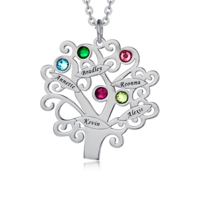 Personalized Tree-Design Family Necklace With 1-6 Names And Birthstones