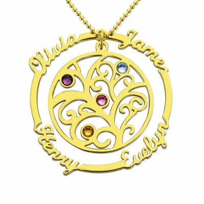 Personalised Tree-Design Family Necklace With 1-4 Names And Birthstones