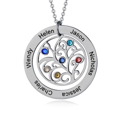 Personalised Family Name Necklace with 1-7 Birthstones and Names