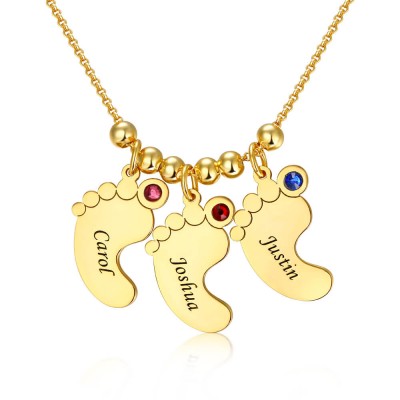 Personalised 1-6 Baby Feet Engravable Charms Name Necklace With Birthstone