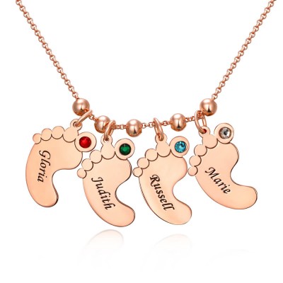 Personalised 1-6 Baby Feet Engravable Charms Name Necklace With Birthstone