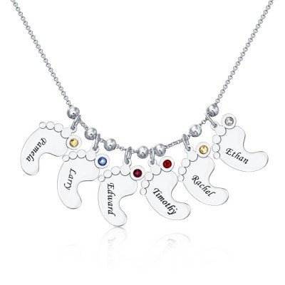 Silver Personalised 1-6 Baby Feet Engravable Charms Name Necklace With Birthstone