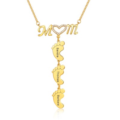 Personalized MoM Heart 1-8 Baby Feet Charms Engraved Name Necklace