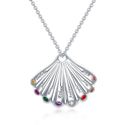 Siver Personalised Shell Shape Pendant Names Necklace With 1-9 Birthstones and Engravings