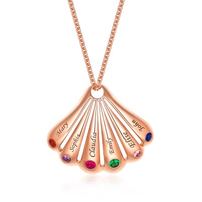18K Rose Gold Plating Personalised Shell Shape Pendant Names Necklace With 1-9 Birthstones and Engravings