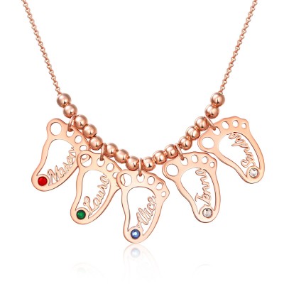 Personalised 1-10 Hollow BabyFeet Charms Name Necklace With Birthstone