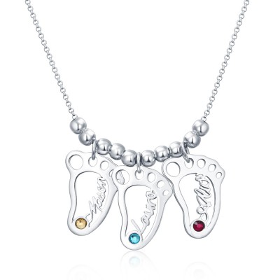 Silver Personalized 1-10 Hollow BabyFeet Charms Name Necklace With Birthstone