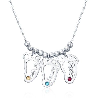 Silver Personalised 1-10 Hollow BabyFeet Charms Name Necklace With Birthstone