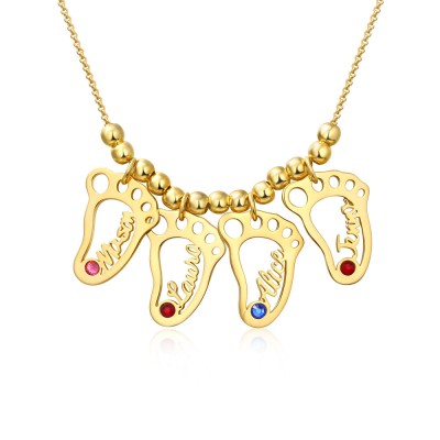 Personalised 1-10 Hollow BabyFeet Charms Name Necklace With Birthstone