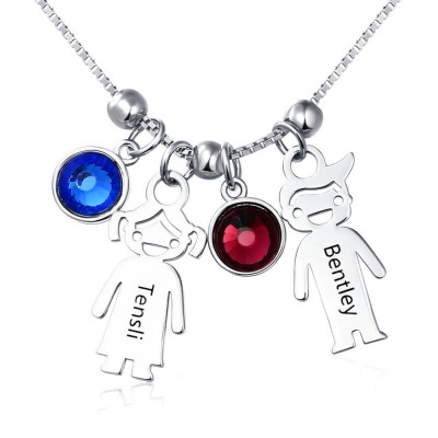 Silver Personalised 1-12 Kids Charms Pendants Names Engraved Necklace With Birthstone