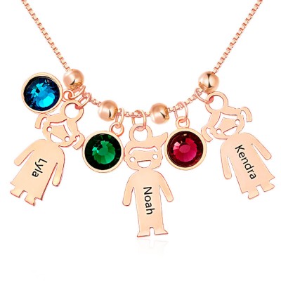 Personalised 1-12 Kids Charms Pendants Names Engraved Necklace With Birthstone