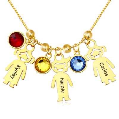 Personalized Birthstones Family Baby Kids Boy Girl Names Engraved Necklaces With 1-12 Pendants 