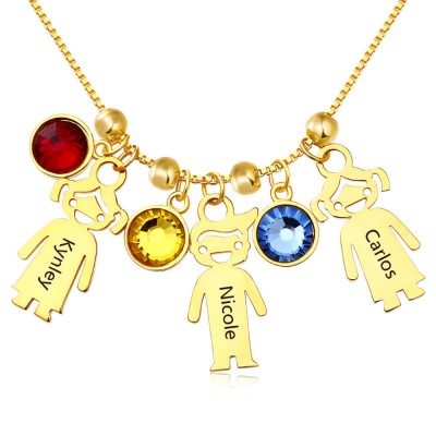 Personalised Birthstones Family Baby Kids Boy Girl Names Engraved Necklaces With 1-12 Pendants 