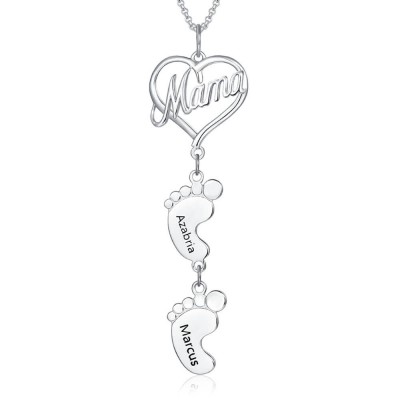 Silver Personalized Love MaMa Heart 1-10 Baby Feet Charms Name Necklace