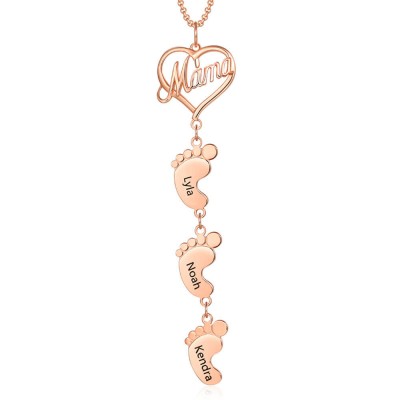 18K Rose Gold Plating Personalized Love MaMa Heart 1-10 Baby Feet Charms Name Necklace
