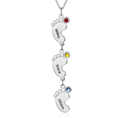 Silver Vertical 1-10 Baby Feet Charms Personalized Name Necklace with Birthstone