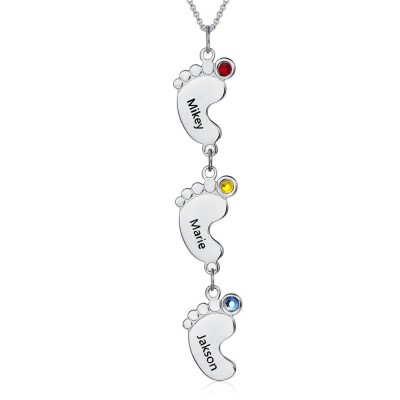 Silver Vertical 1-10 Baby Feet Charms Personalised Name Necklace with Birthstone