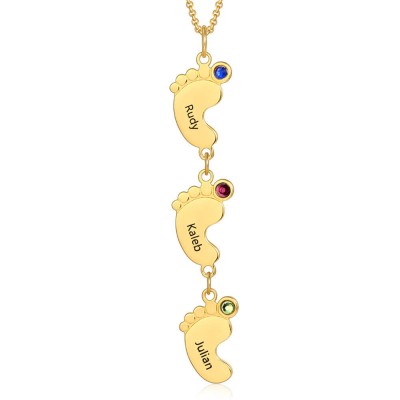 Vertical Baby Feet Charms Personalised 1-10 Names Necklace with Birthstones
