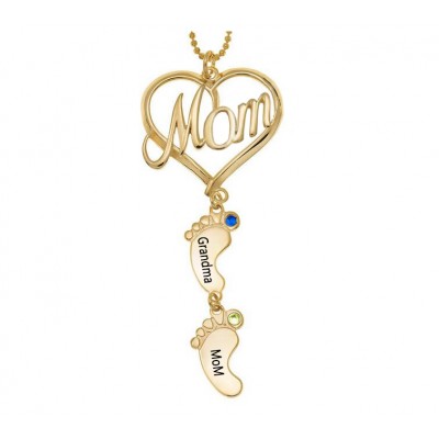 Personalised MOM Heart Baby Feet Pendant Birthstone Name Necklace with 1-10 Charms