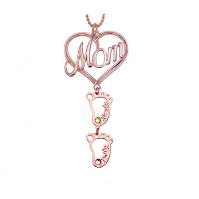 Personalized MOM Heart Pendant Birthstones Name Necklace with 1-10 Hollow BabyFeet Charms