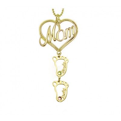 Personalised MOM Heart Pendant Birthstones Name Necklace with 1-10 Hollow BabyFeet Charms