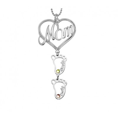 Silver Personalized MOM Heart Pendant Birthstones Name Necklace with 1-10 Hollow BabyFeet Charms