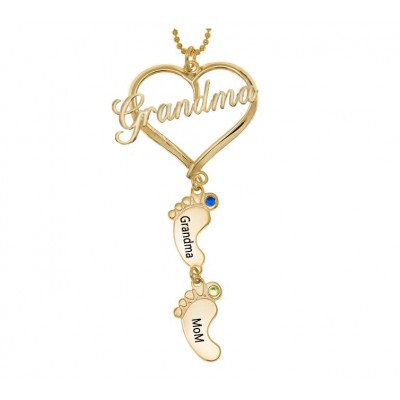 Personalised Grandma Heart Baby Feet Pendant Birthstone Name Necklace with 1-10 Charms