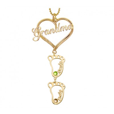 Personalised Grandma Heart Pendant Birthstones Name Necklace with 1-10 Hollow BabyFeet Charms