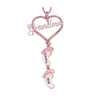 18K Rose Gold Plating Personalized Love Grandma Heart 1-10 Baby Feet Shape Engraved Name Necklace