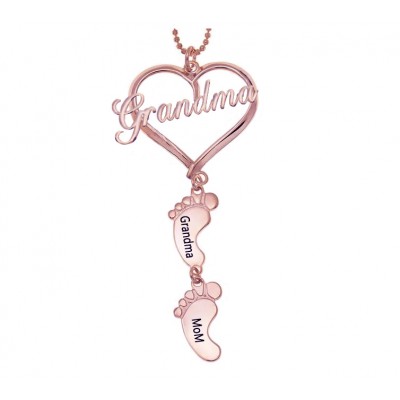 18K Rose Gold Plating Personalised Love Grandma Heart 1-10 Baby Feet Shape Engraved Name Necklace
