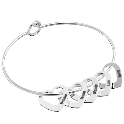 Personalised Bangle Bracelet with 1-15 Heart Shape Pendants Customized Name Engraving Heart Bracelets