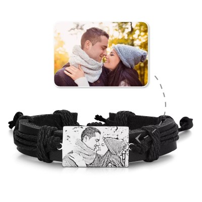 Men's Rectangle Photo Engraved Tag Black Leather Bracelets