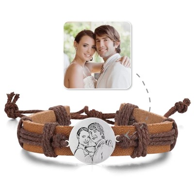 Men's Round Photo Engraved Tag Bracelet Brown Leather Strap