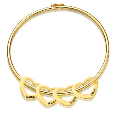 Customized Personalised Heart Name Engraving Bangle Bracelet with 1-15 Heart Shape Pendants