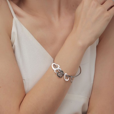 Silver Personalized Heart Name Engraving Bangle Bracelet with 1-15 Heart Shape Pendants