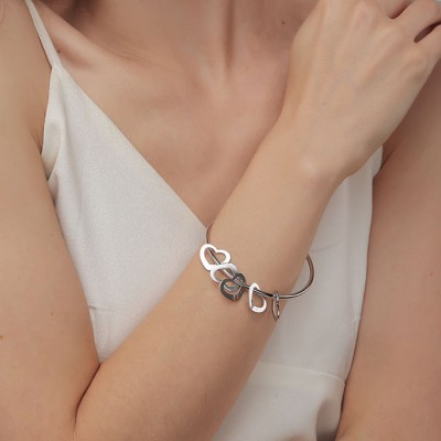 Silver Personalised Heart Name Engraving Bangle Bracelet with 1-15 Heart Shape Pendants