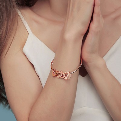 18K Rose Gold Plating Personalised Heart Name Engraving Bangle Bracelet with 1-15 Heart Shape Pendants
