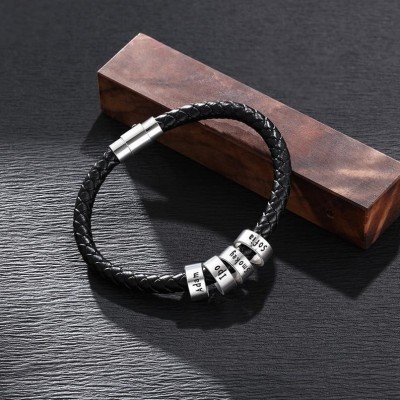 Personalised Black Engraving Leather Bracelet With 1-10 Beads 