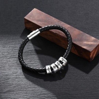 Personalized Black Engraving Leather Bracelet With 1-10 Beads 