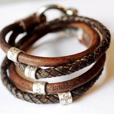 Mens Personalised Wrapped Name Leather Bracelets With 1-10 Beads